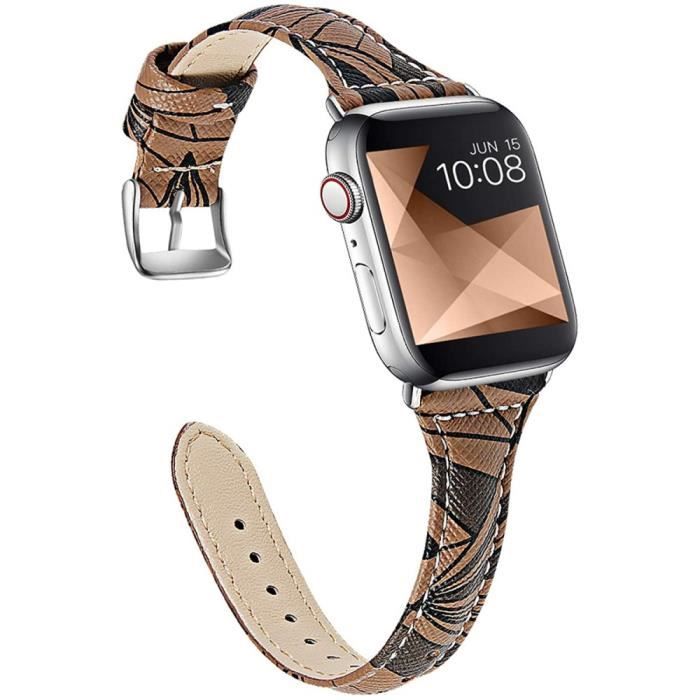 Bracelet Pour Montre Connectée Cuir Véritable Géométrie Pour Apple Watch Series 6-5-4-Se 40Mm-Série 3-2-1 38Mm -Brun Foncé-Noir