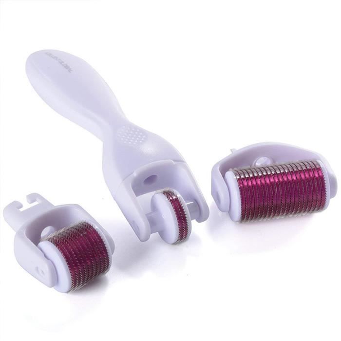Rouleau à aiguilles Derma Roller 3 en 1 3 tètes de rouleau au nombre d'aiguilles différent de dimensions 0,5mm, 1,0mm et 1,5mm