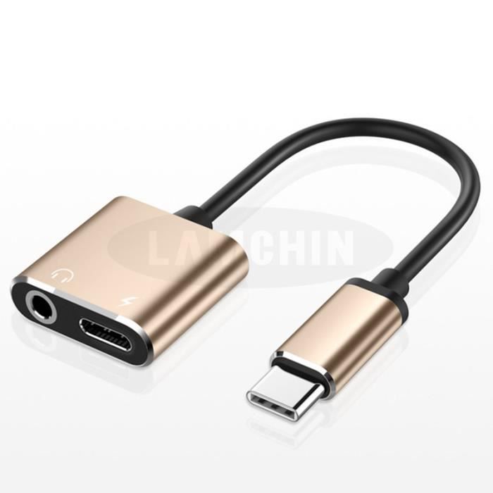 Adaptateur Jack USB C, 2 en 1 USB Type C vers 3.5mm Aux Audio Adaptateur de Prise Casque Câble de Charge pour Huawei Xiaomi-Or