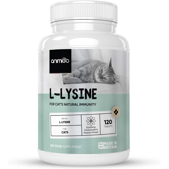 Animigo Complément L-Lysine pour Chat - Aide Naturelle pour Systeme Immunitaire -Riche en Vitamines, Minéraux.