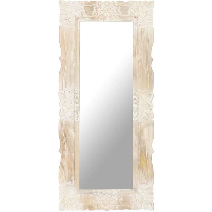 Miroir Mural Design, Miroir Rectangulaire à Accrocher, Miroir Cadre en Bois Blanc 110x50 cm Bois de manguier Massif102