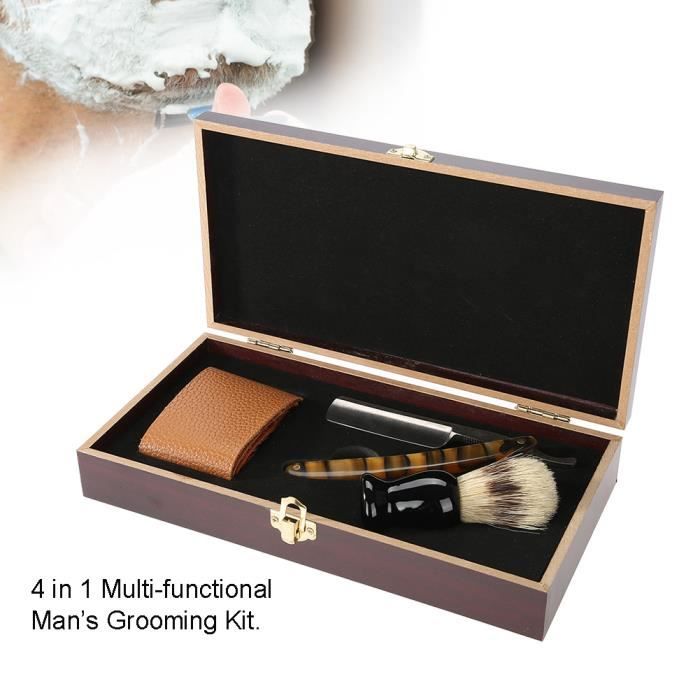 Sonew Set de rasage Kit de rasage de barbier rasoir manuel droit brosse de rasage affûtage boîte en bois Strop