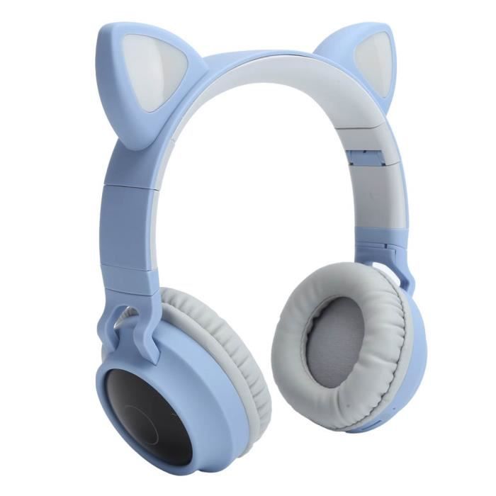 Cat Ear Headphone 3D LED Light Wireless Bluetooth 5.0 Casques pliables avec microphone (Gris Bleu)-XIS