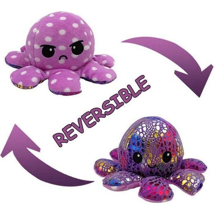 Poupée en peluche réversible - Pieuvre en peluche - Simulation douce jouet en peluche réversible - Violet profond + violet à pois