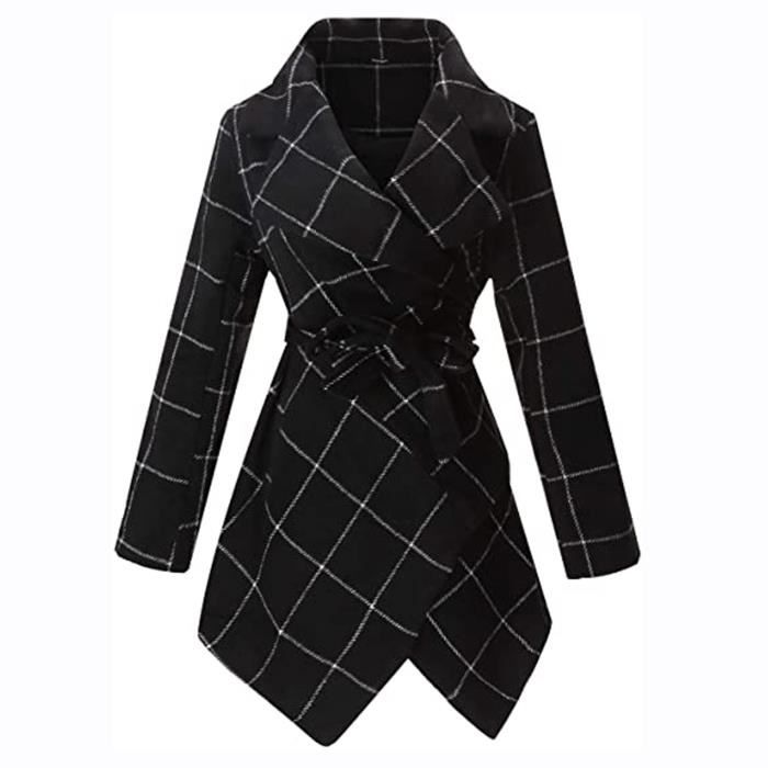 Trench Femme Col rabattu ceinturé à ourlet asymétrique @Noir