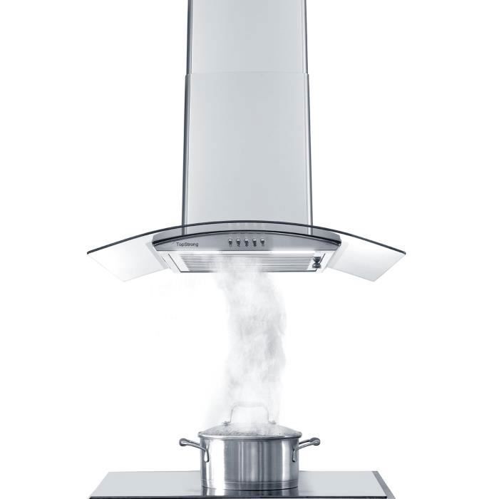 TopStrong Hotte Aspirante 60cm-Hotte Décorative Cuisine-450m³/h-56db-Inox&Verre trempé-3 Vitesses-Recyclage&Evacuation-éclairage LED