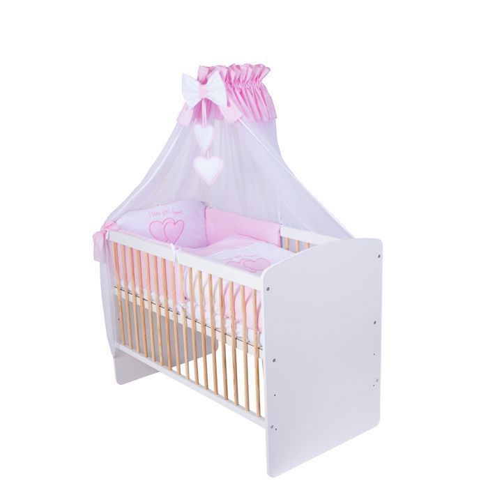 KMBaby Lit Bébé K2 Blanc 120x60 cm Barreaux Bois Avec Matelas et Parure 11 Pièces Rose Cœurs - Pin et MDF