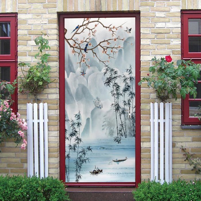 Sticker Porte Escalier Pierre 3D - 77x200cm, Trompe-l'Œil, Vinyle Amovible