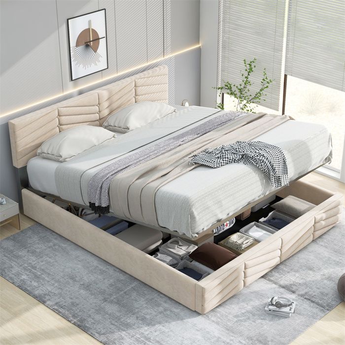 Lit coffre 2 personnes - SEA WALL - Lit capitonné velours beige 140x200 - Sommier à lattes - Tête réglable - Coffre hydraulique