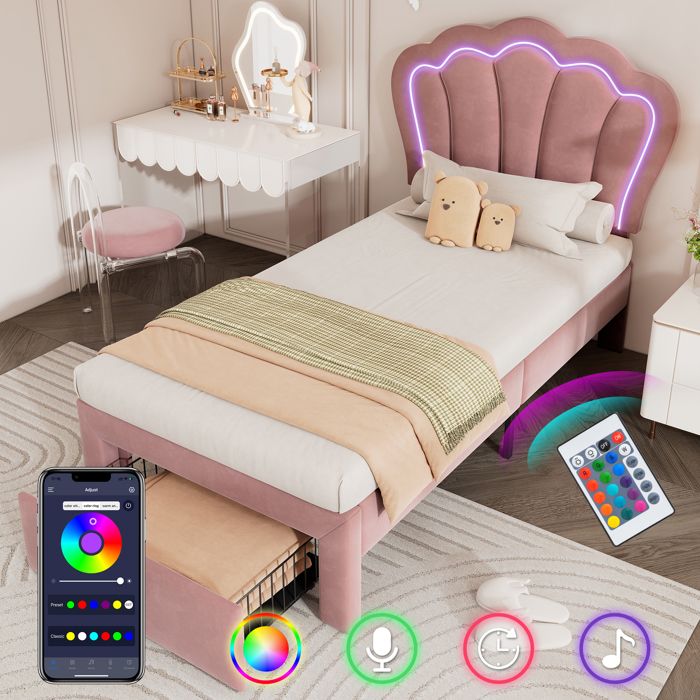 Lit denfant - PEACHWARE - Nouveau Premium - 90 x 190 cm - LED - Tiroir inclus - Velours rose