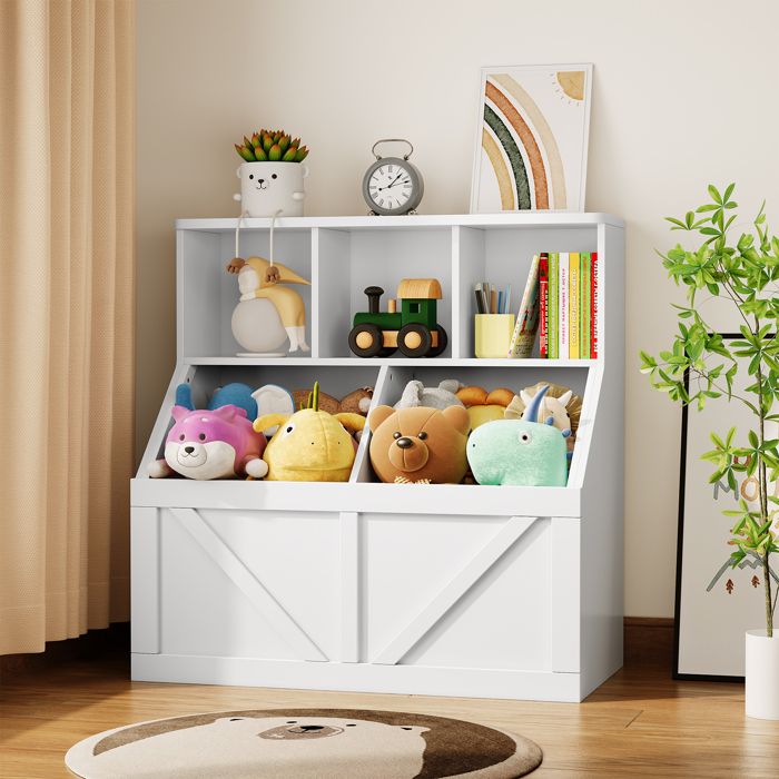 OHMG - Bibliothèque Enfant 6 Niveaux Avec 3 Poches - Rangement Livres Et Jouets - Bois Et Tissu (Beige/Gris)
