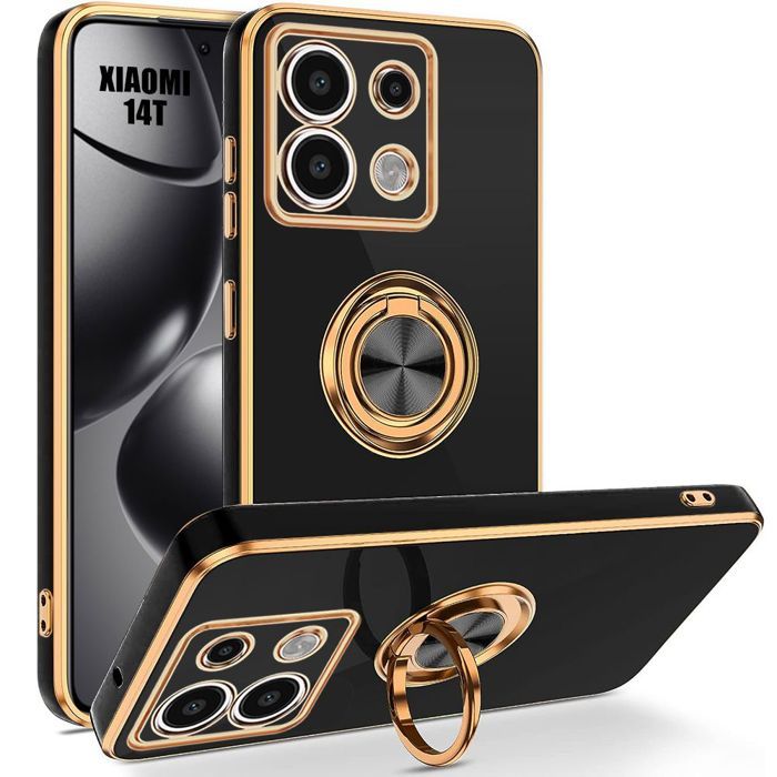 Coque Renforcée Noire Odeydo Pour Xiaomi 14T Pro - Avec Support Anneau Intégré - Protection Antichoc Premium