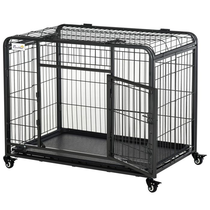 Meilleurs prix pour Cage pour chien - PawHut - pliable - sur roulettes - 2 portes verrouillables - plateau amovible - 94 x 58 x 695 cm - gris noir