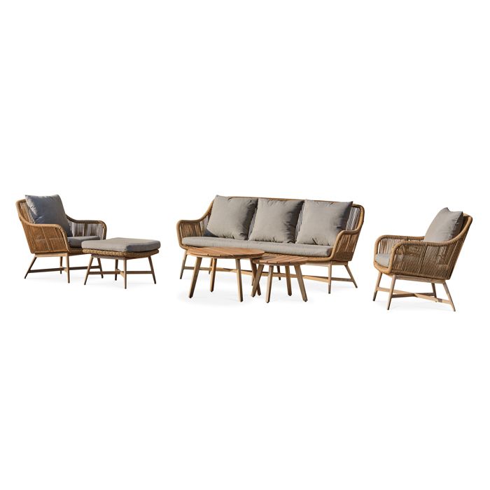Salon de jardin bas 5 places alu aspect bois teck et corde tissée - Marron - PALMAS Salon de jardin bas 5 places alu aspect bois teck et corde tissée - Marron - PALMAS