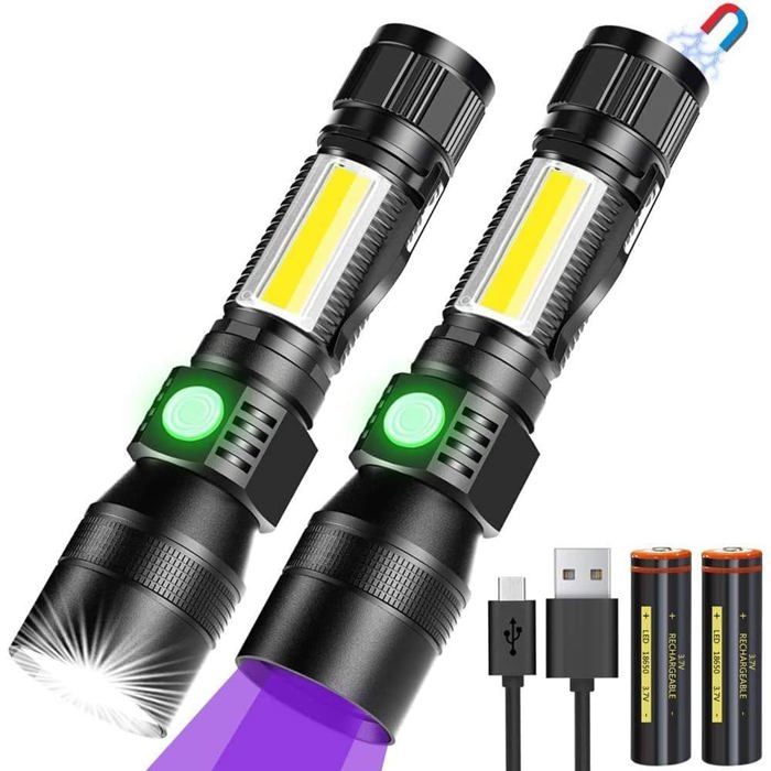 Lampe de poche UV 3-en-1 rechargeable USB 395 nm 1000 lm zoom aimanté COB IPX4 - Pack 2 (13 cm)