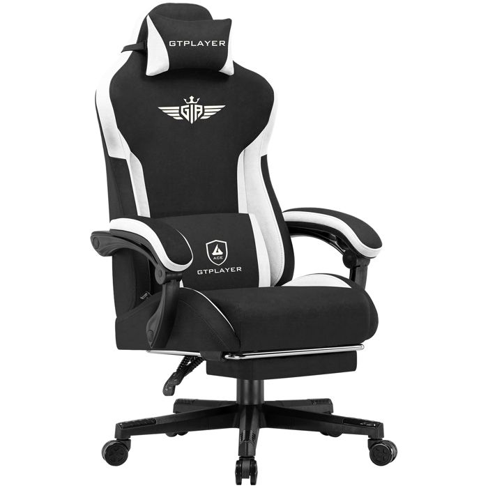 GTPLAYER Chaise de gaming ergonomique en tissu avec soutien lombaireChaise PC avec dossier élargiNoir