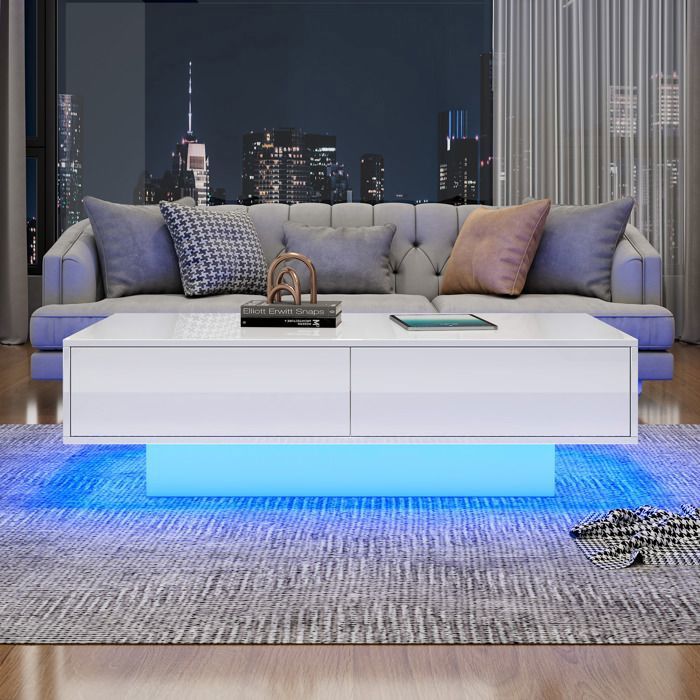Table basse moderne brillante table basse LED multicolore table dappoint avec 2 tiroirs 115 x 55 x 34 cm blanc