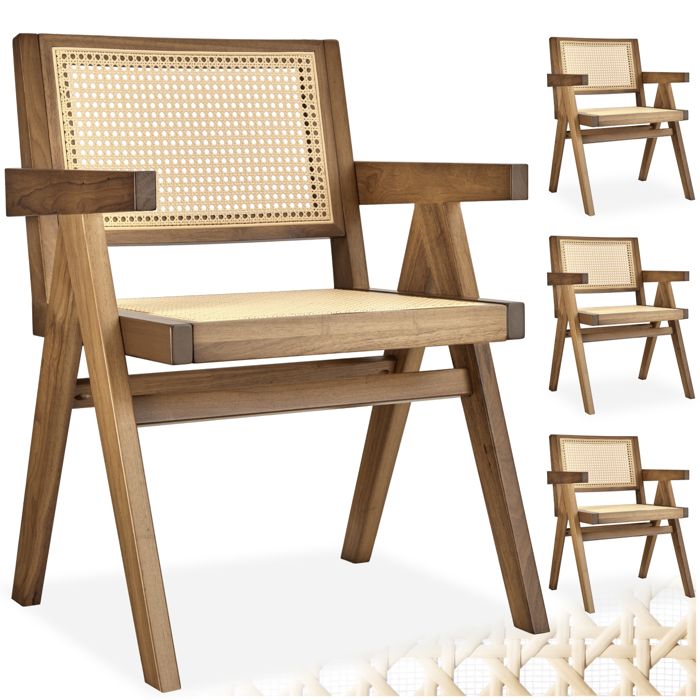 Chaise - TECTAKE - Lot de 4 fauteuils LISSY style boho cannage viennois en bois et accoudoirs 595 x 565 x 825 cm - Chêne clair