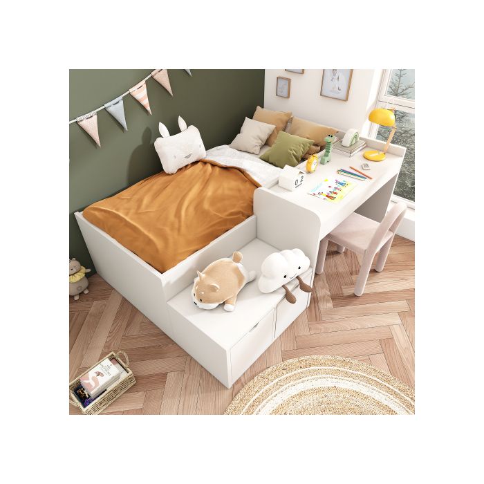 Lit - SOGEU - Lit Enfant 90 x 200 cm - Bois massif - Avec tiroirs - Bureau intégré