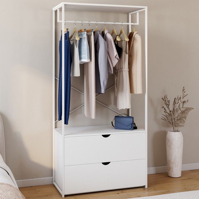 IDMARKET Dressing penderie 2 tiroirs L. 80 cm BROOKLYN bois blanc et métal blanc