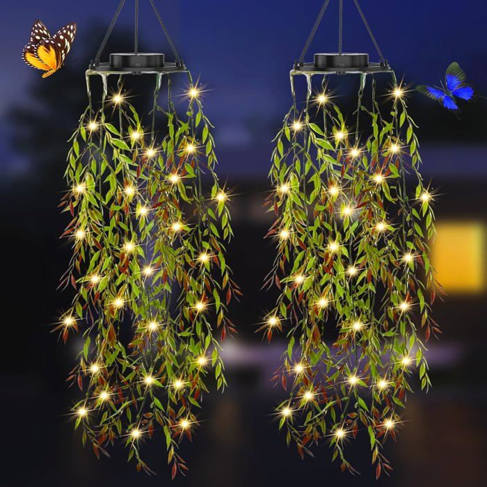 Lampe Solaire Exterieur 2 Plantes Artificielles Feuilles Saule Suspension 66 LED Luminaire Lanterne Solaire Exterieur pour Jardin