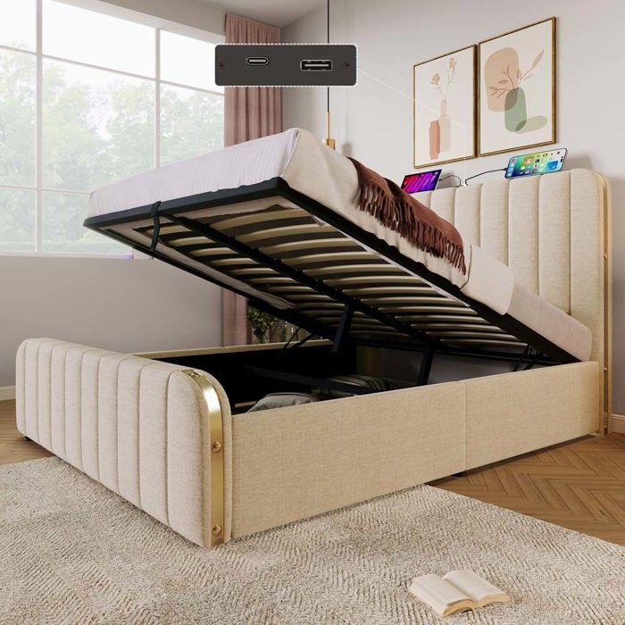 Lit coffre - Lit escamotable avec rangement hydraulique - 140 x 200 cm - Tissu lin beige - Tête de lit avec port USB Type‑C