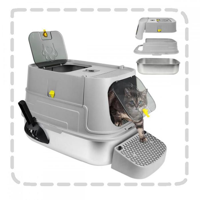 Meilleurs prix pour Bac à litière fermé XXL en Acier Inoxydable-MENGDA-Pelle et pédale-Double entrée-Pour petitsmoyens etgrands chats