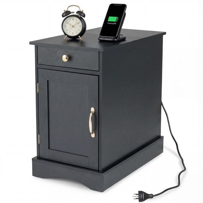 COSTWAY Table de Chevet avec Prises Intégrées Porte Placard à Étagere Réglable Tiroir 60 x 35 x 62 CM Noir COSTWAY Table de Chevet avec Prises Intégrées Porte Placard à Étagere Réglable Tiroir 60 x 35 x 62 CM Noir