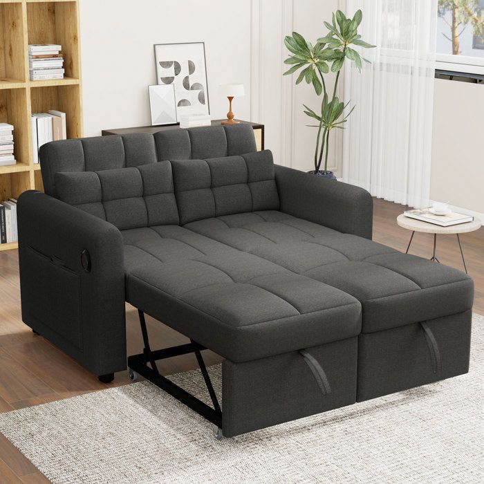 Canapé-lit convertible moderne avec port de charge USB canapé 2 places 142 cm avec dossier réglable poches de rangement gris Canapé-lit convertible moderne avec port de charge USB canapé 2 places 142 cm avec dossier réglable poches de rangement gris