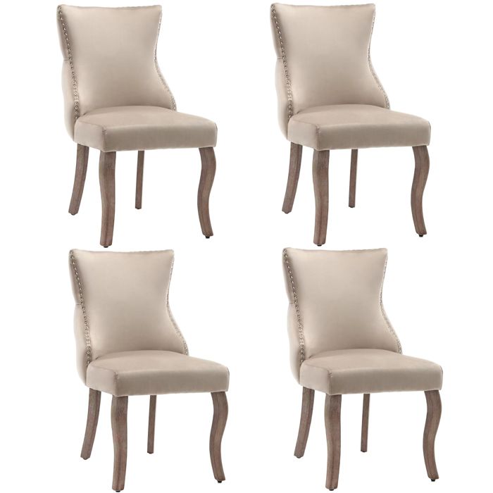 Chaises Salle à Manger - Lot de 4 avec Dossier Haut Accoudoirs et Assise Velours Structure en Bois Massif Beige 50x52x91 cm