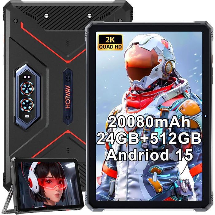 HOTWAV R9 Plus Tablette Robuste Écran 11 2K FHD+ 24Go+512Go 20080mAh Tablette Tactile Android 14 4G Double SIM/GPS/IP68&IP69K Noir