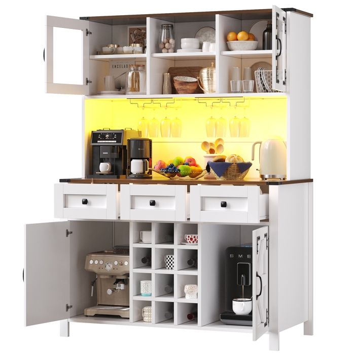 Buffet haut CuisineMeuble de cuisine avec Éclairage LED intelligent4 portes3 tiroirs2 prises AC et 2 USB120x40x170 cmBlanc