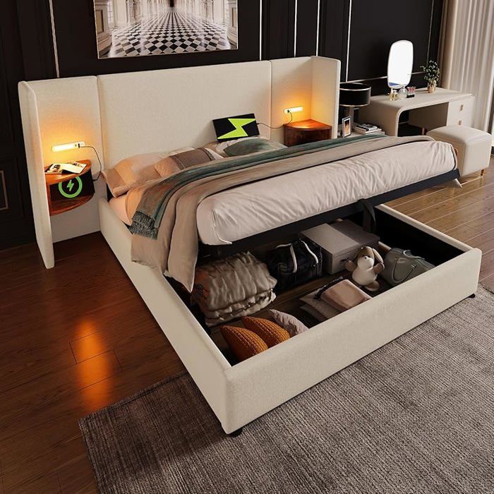 Lit 160x200 cm – Coffre Hydraulique Table de Nuit Intégrée Lampe Lecture Port USB-C Sommier Bois Massif et Mét STRUCTURE DE LIT