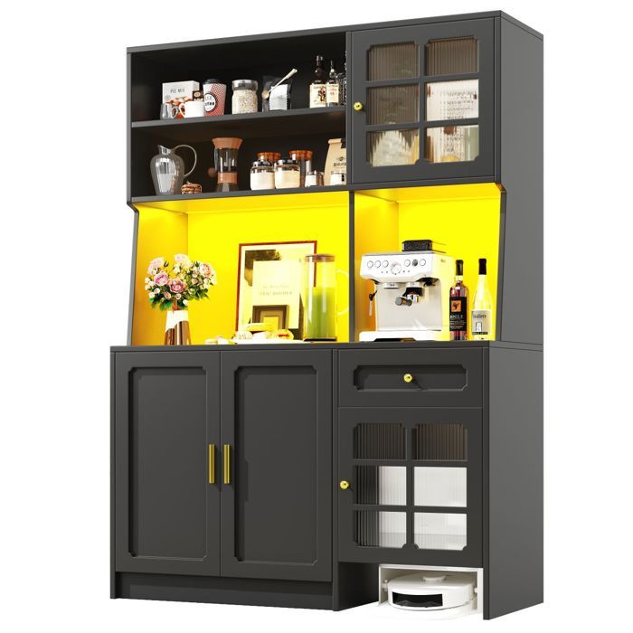 Meuble Haut Cuisine 130cm-Portes Vitrées-LED-Buffet Noir 180cm-Rangement Fonctionnel Design Meuble Haut Cuisine 130cm-Portes Vitrées-LED-Buffet Noir 180cm-Rangement Fonctionnel Design
