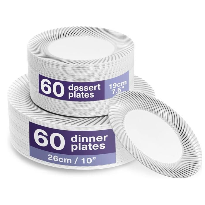 120 Assiettes en Plastique Réutilisables Blanches Premium avec Bordure Argentée (60 Assiettes Plates 60 Assiettes à Dessert)