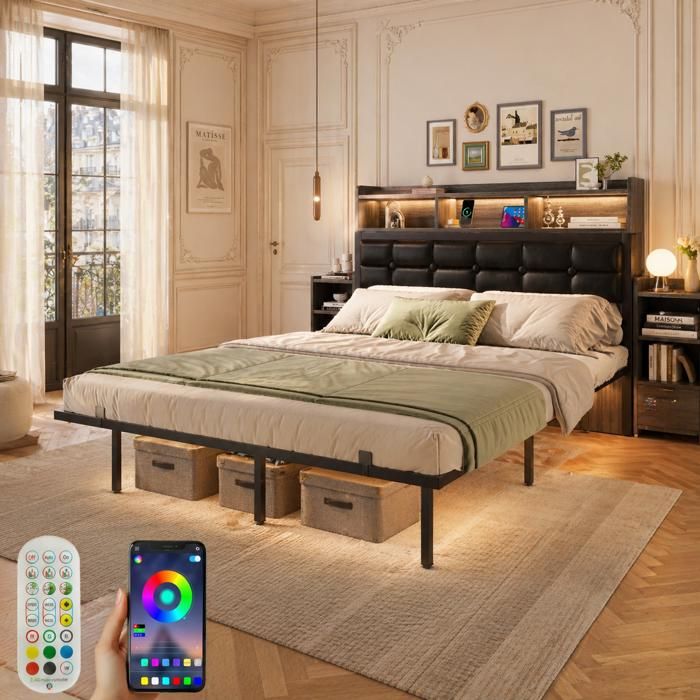 Lit 140x190 cm avec sommier et tête de lit LED USB Type C 2 tables de chevet coulissantes rangements gris sans matelas