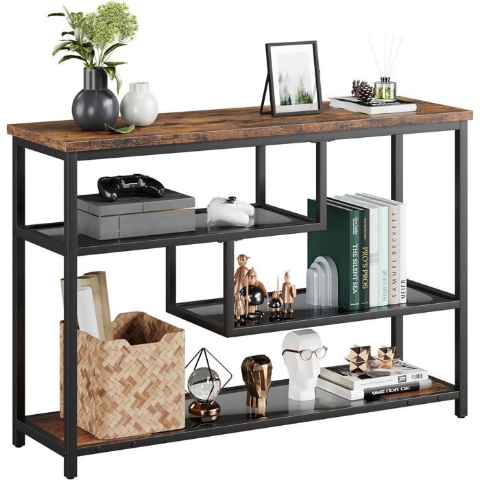 Table Console étroite 4 Niveaux 100 cm – Cadre en métal étagère en Verre – Style Industriel Rustique-108x 13x 36cm