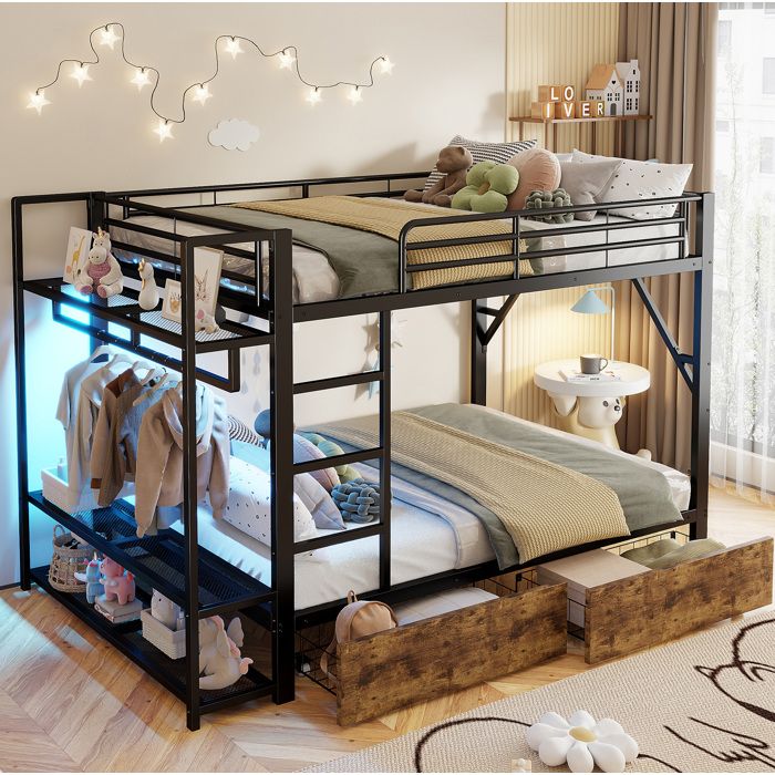 Lit superposé 140 × 200 cm avec 2 tiroirs étagères bande LED et tringle - TCQPZ - Métal MDF Noir