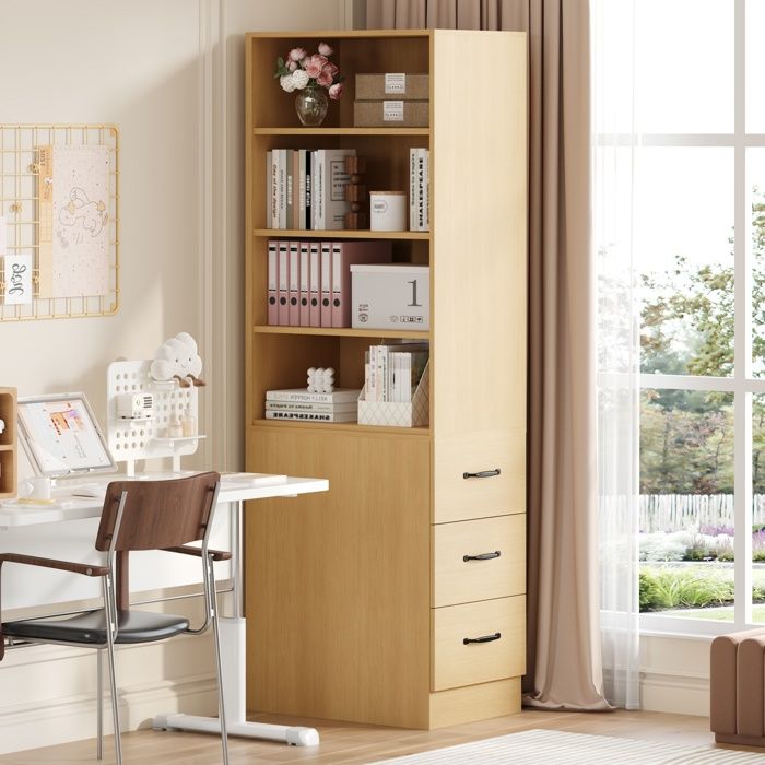 Bibliothèque 3 Tiroirs et 4 Niches avec 2 Étagères Réglables - YEAVIO - Colonne de Rangement Bois Chêne 60×38×180 cm