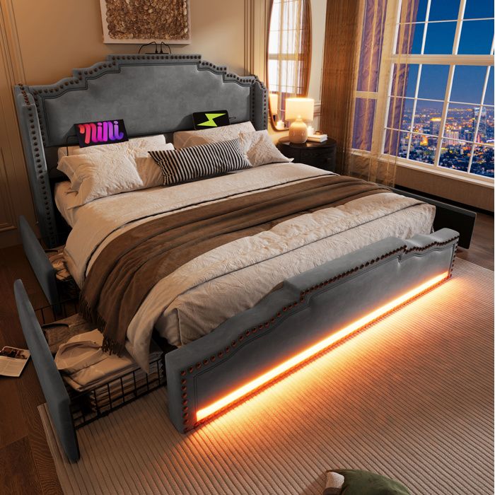 Lit rembourré 140x200 cm avec matelas 4 tiroirs LED intégrée et ports USB/USB-C velours gris