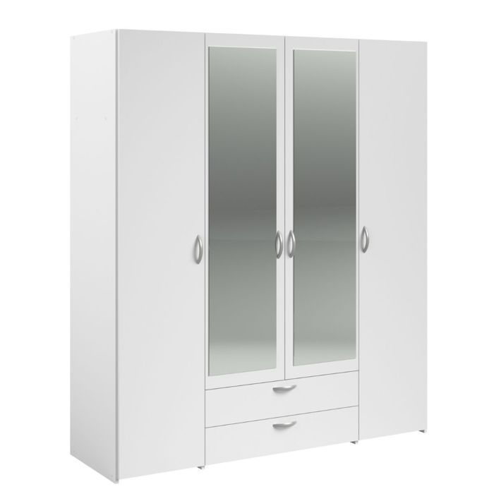 Armoire 4 portes 2 tiroirs blanche avec miroir - AMAEL Armoire 4 portes 2 tiroirs blanche avec miroir - AMAEL