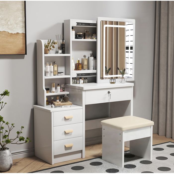 Coiffeuse Blanche Avec Miroir LED 3 Modes Eclairage Réglables Tabouret Inclus 4 Tiroirs Portes Coulissantes 85 x 36 x 130 cm