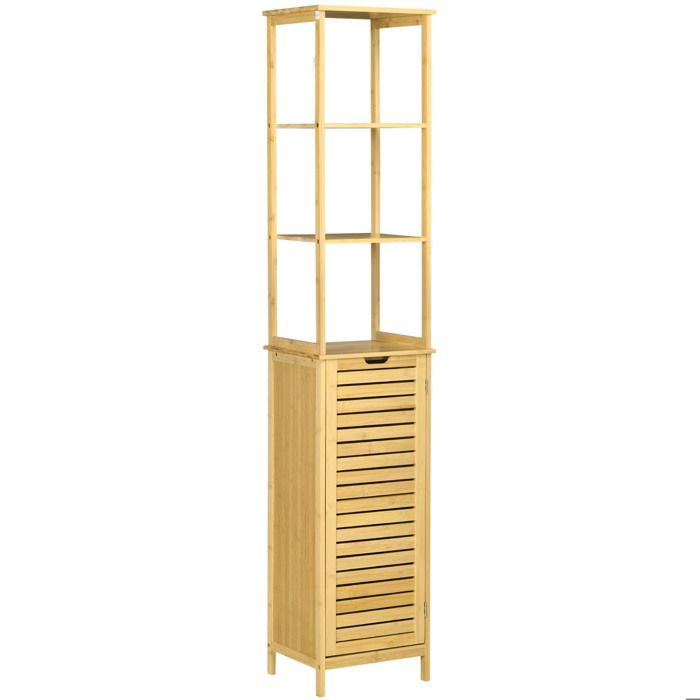 WOVREO Colonne de salle de bain en bambou 34 x 30 x 173 cm avec 3 étagères ouvertes et 1 placard