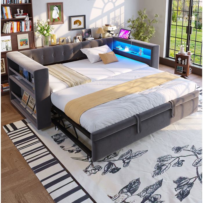 Modenuit Canapé-lit convertible 90 x 190/180 x 190 cm avec rangement LED prises intégrées flanelle gris foncé