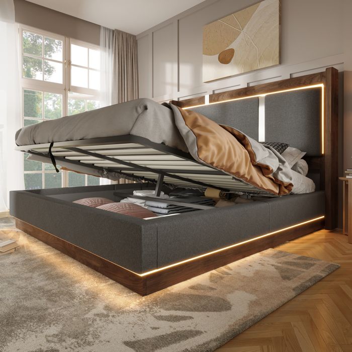 WOVREO Lit coffre 180x200 cm avec LED sommier à lattes ouverture hydraulique lin gris et noyer