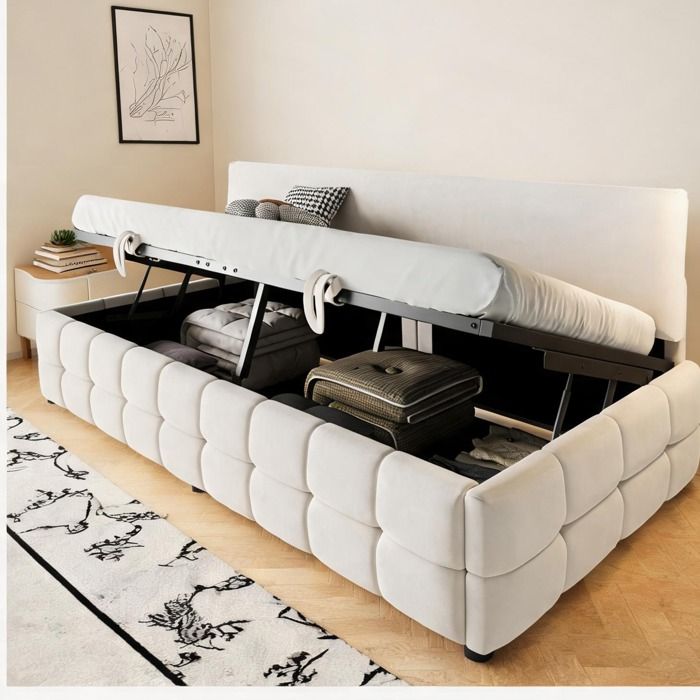 Lit simple 90x200 cm en velours beige avec coffre hydraulique et dossier sans accoudoirs