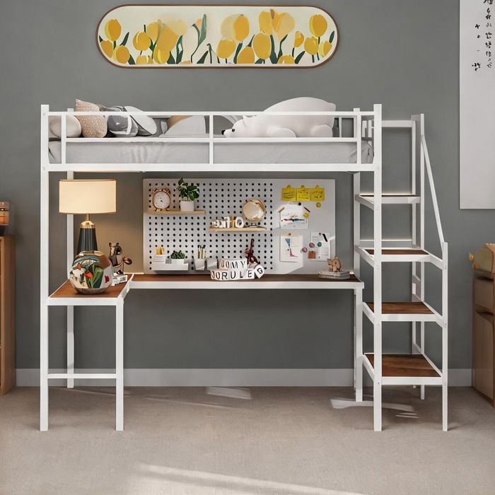 Lit mezzanine 90x190 cm avec bureau en L rangement et étagères structure fer blanc classique