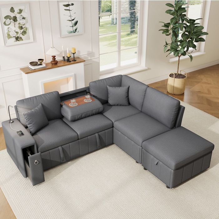 Canapé Dangle Convertible 5 Places avec USB Type-C et Pouf de Rangement - LPOSPI - Lin Gris 213 × 184 × 88 cm