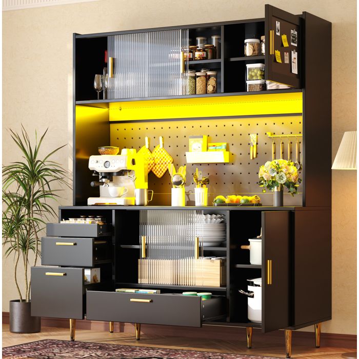 Buffet de cuisine 140 x 40 x 180 cm noir brillant avec LED portes coulissantes en verre panneau perfore et 4 tiroirs