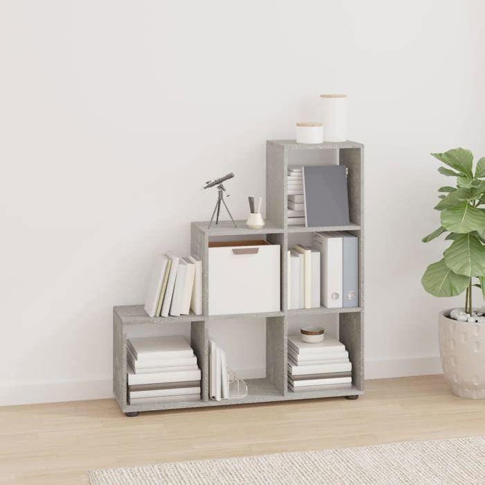 Bibliothèque escalier - COCO - Étagère pour livres - bois dingénierie - gris béton - 6 compartiments - 104 x 29 x 107 cm(697922)